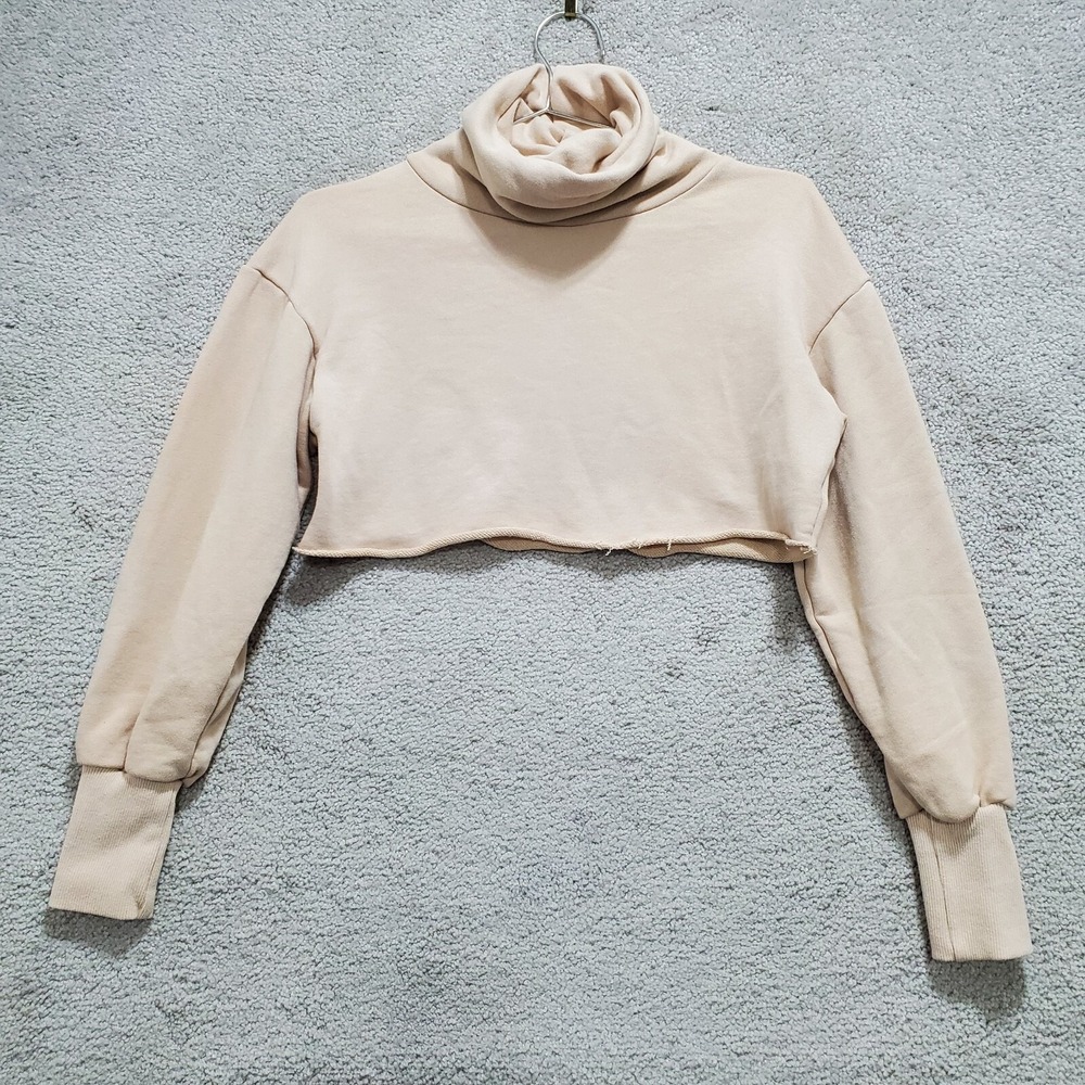 Adika Top Women XS Beige Knit Cotton Turtleneck Long Sleeve Pullover Crop
